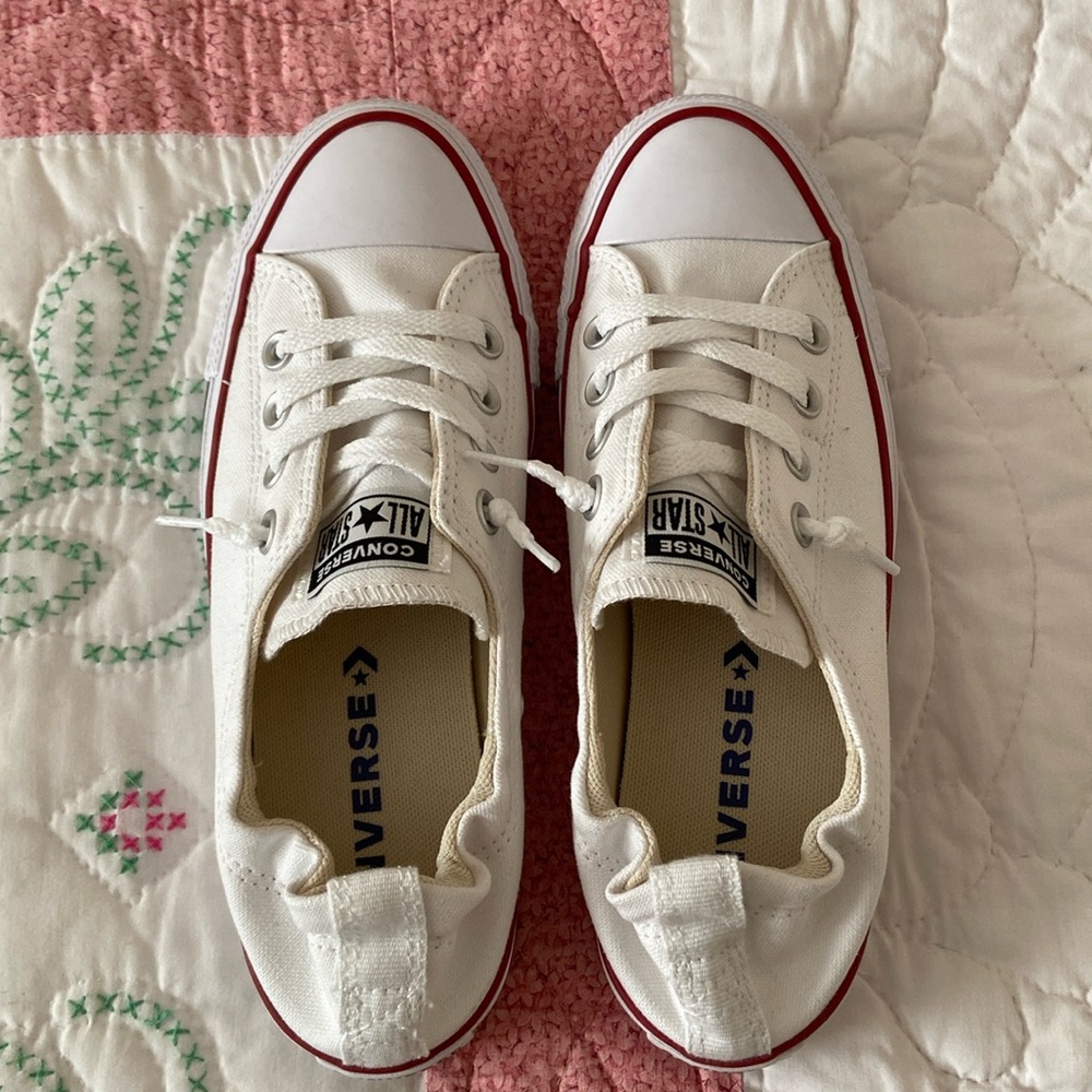 Converse Low-Top White Canvas Sneakers with Red Stripe Shoreline Slip
